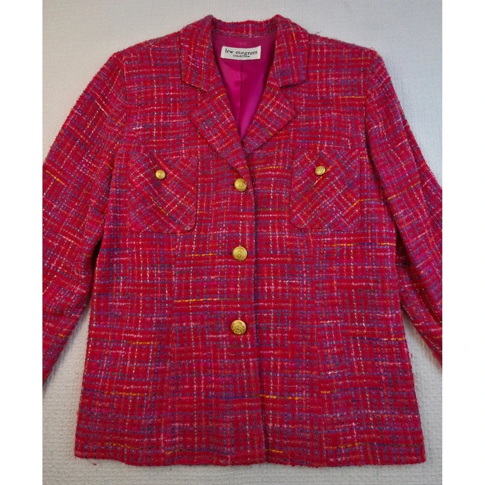 Vintage Lew Magram Womens Sz 8 2 Piece Skirt Suit Fuchsia Boucle Tweed Blazer